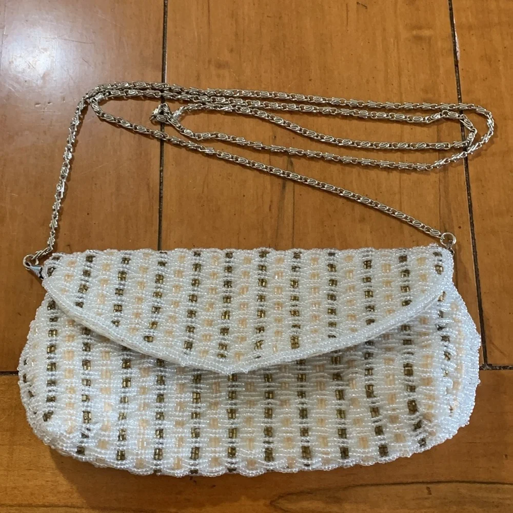 Moni Couture stunning ivory bronze beaded clutch shoulder evening formal bag EUC